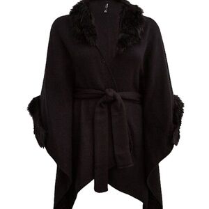 Women's Black Faux Fur Trim Wrap